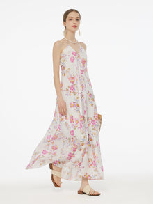 100% Linen Rose Print Women Halterneck Slip Maxi Dress