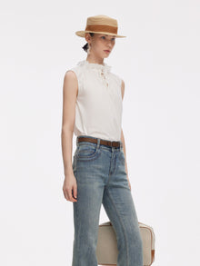 100% Cotton Ruffled Collar Women Sleeveless Blouse