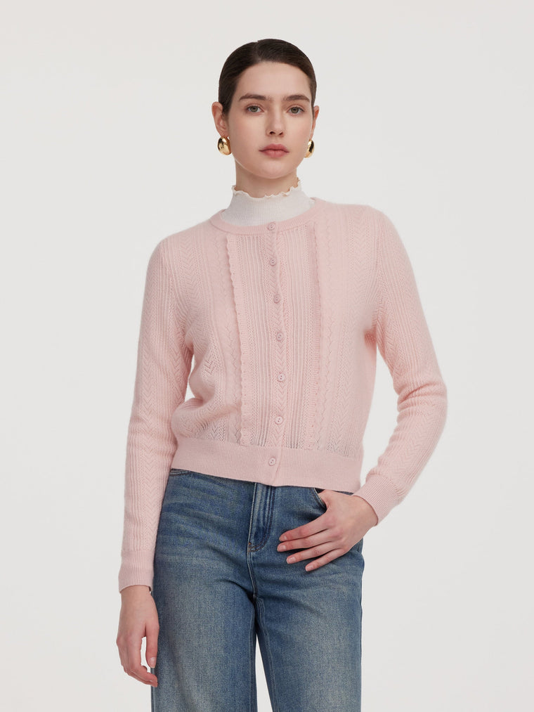 100% Cashmere Openwork Textured Women Cardigan