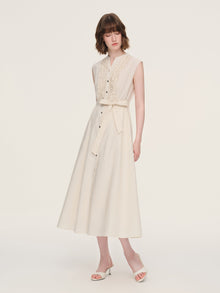 100% Cotton Gather-waisted Women Sleeveless Maxi Dress With Two Belts