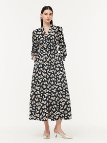100% Cotton Floral Print Stretch Gathered Waist Women Maxi Dress