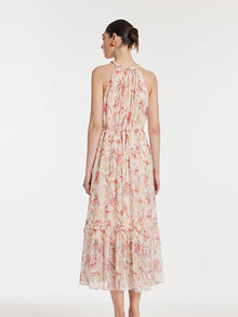 10 Momme Mulberry Silk Iris Print Halter Ruffle Women Maxi Dress