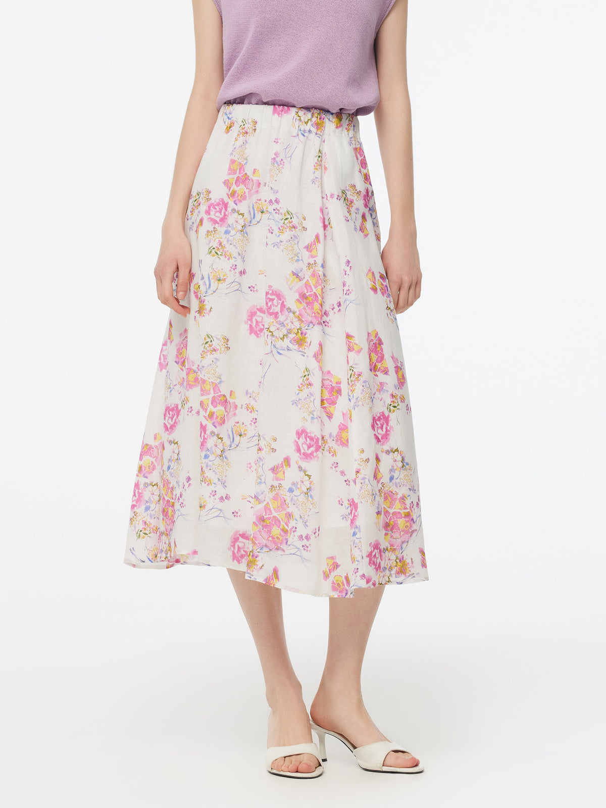 100% Linen Rose Print Women A-Line Skirt