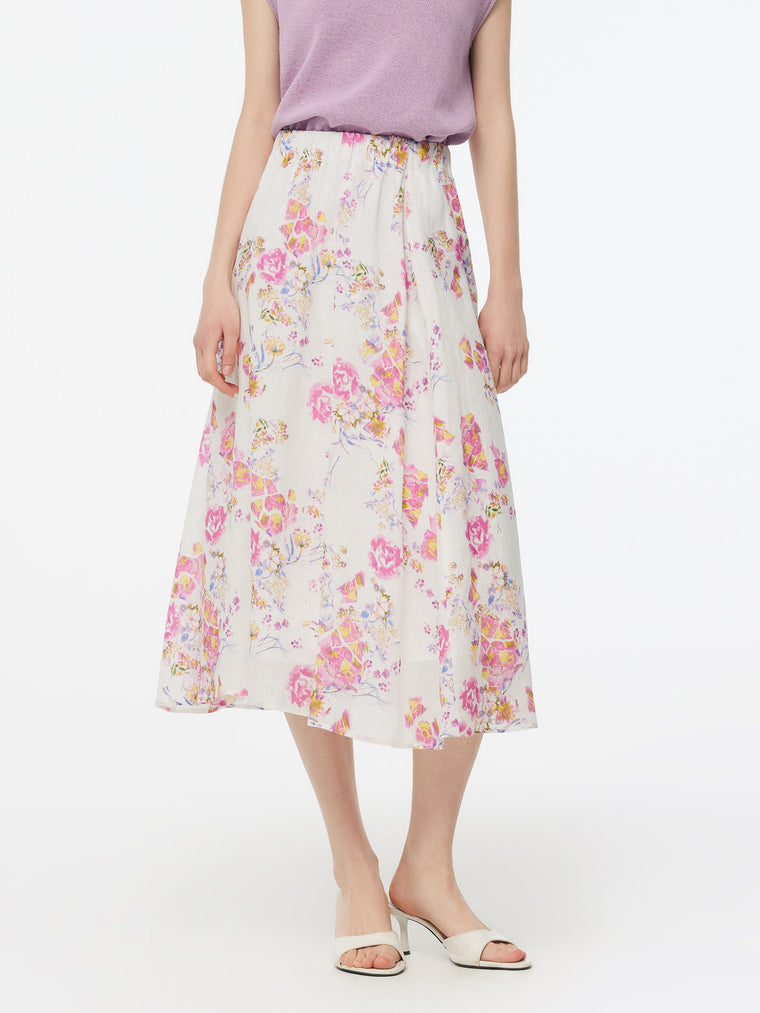 100% Linen Rose Print Women A-Line Skirt