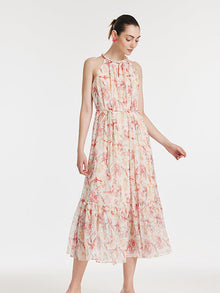 10 Momme Mulberry Silk Iris Print Halter Ruffle Women Maxi Dress