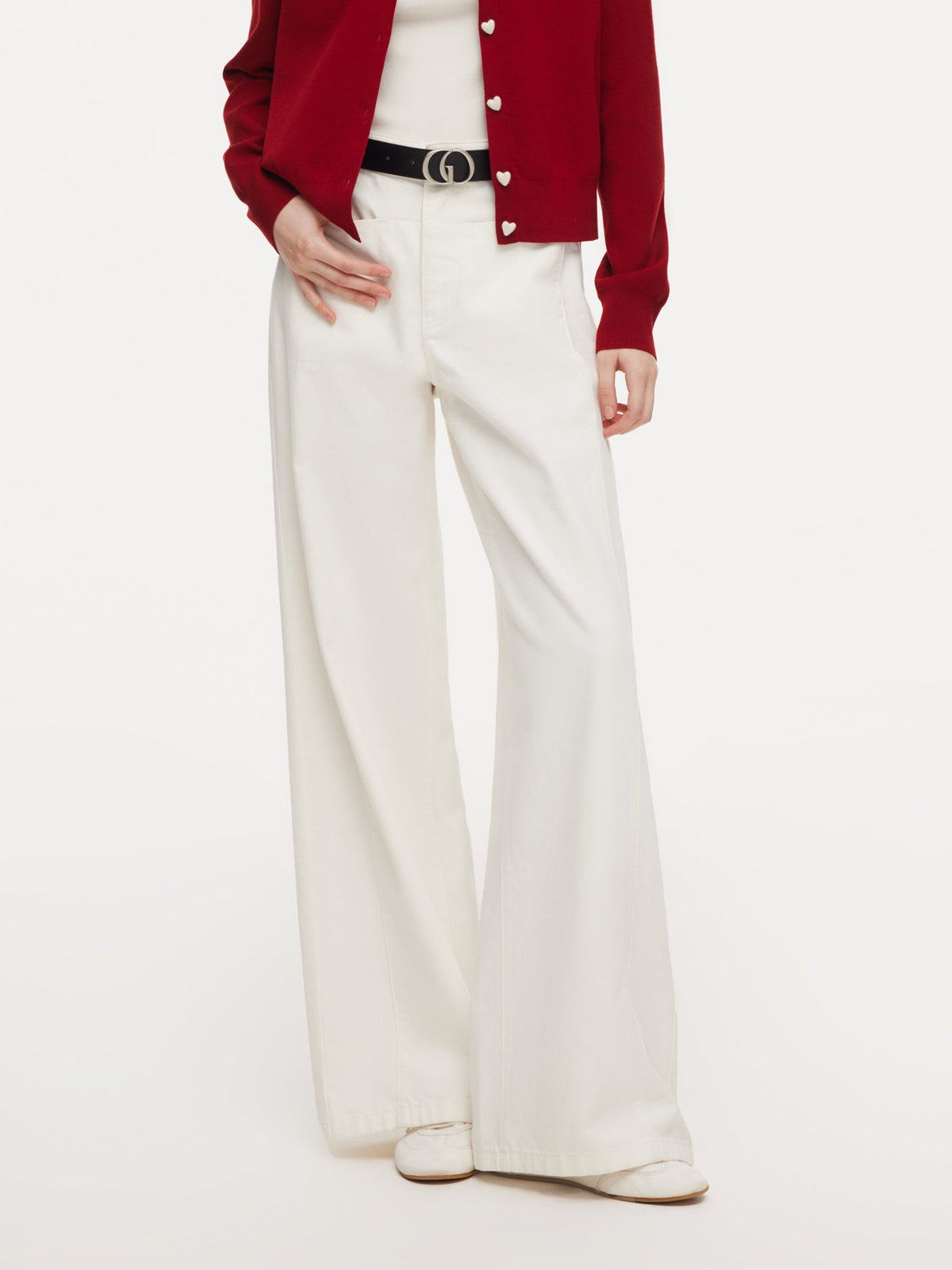 100% Cotton Denim Women Wide Leg Jeans With Belt
