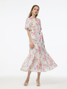 100% Linen Rose Print Women Maxi Dress With Belt