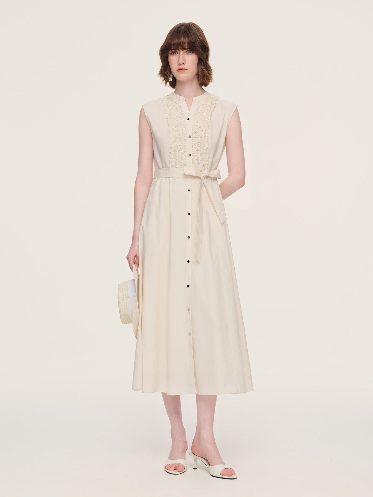 100% Cotton Gather-waisted Women Sleeveless Maxi Dress With Two Belts