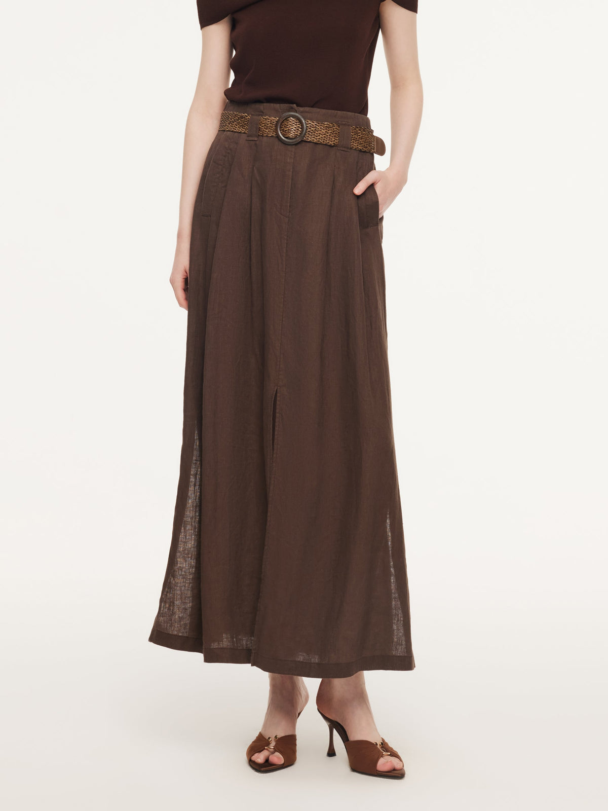 100% Linen A-Line Women Skirt With Braided Belt