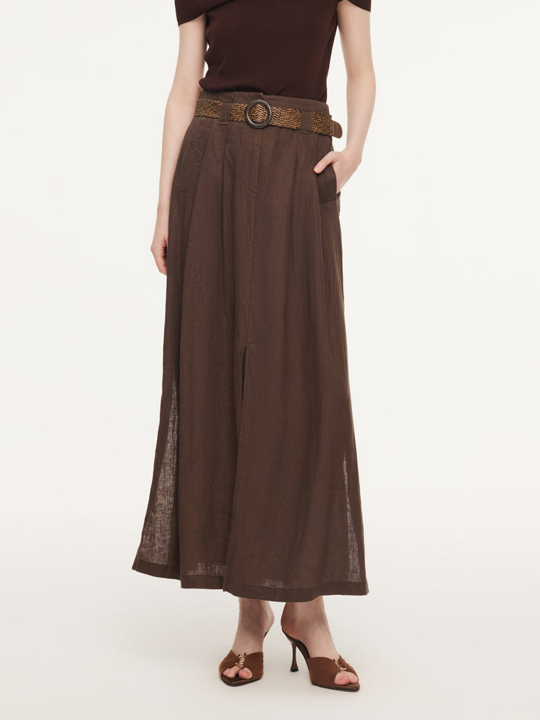 100% Linen A-Line Women Skirt With Braided Belt