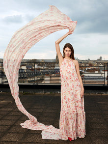 10 Momme Mulberry Silk Iris Print Halter Ruffle Women Maxi Dress