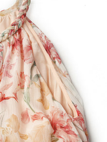 10 Momme Mulberry Silk Iris Print Halter Ruffle Women Maxi Dress