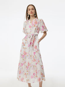 100% Linen Rose Print Women Maxi Dress With Belt