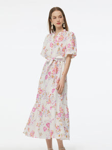 100% Linen Rose Print Women Maxi Dress With Belt