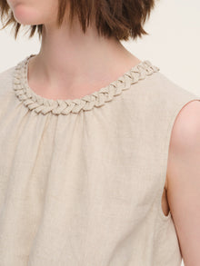 100% Linen Braided Neck Tank Top And Pants Two-Piece Set With Beaded Belt