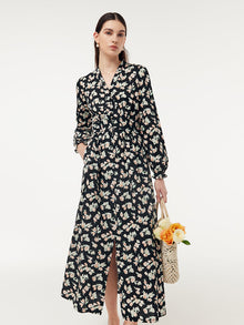 100% Cotton Floral Print Stretch Gathered Waist Women Maxi Dress