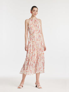 10 Momme Mulberry Silk Iris Print Halter Ruffle Women Maxi Dress