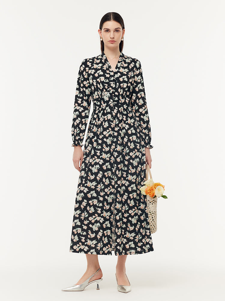 100% Cotton Floral Print Stretch Gathered Waist Women Maxi Dress