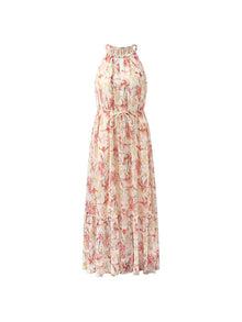 10 Momme Mulberry Silk Iris Print Halter Ruffle Women Maxi Dress