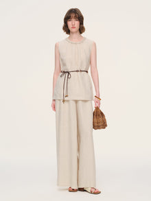 100% Linen Braided Neck Tank Top And Pants Two-Piece Set With Beaded Belt