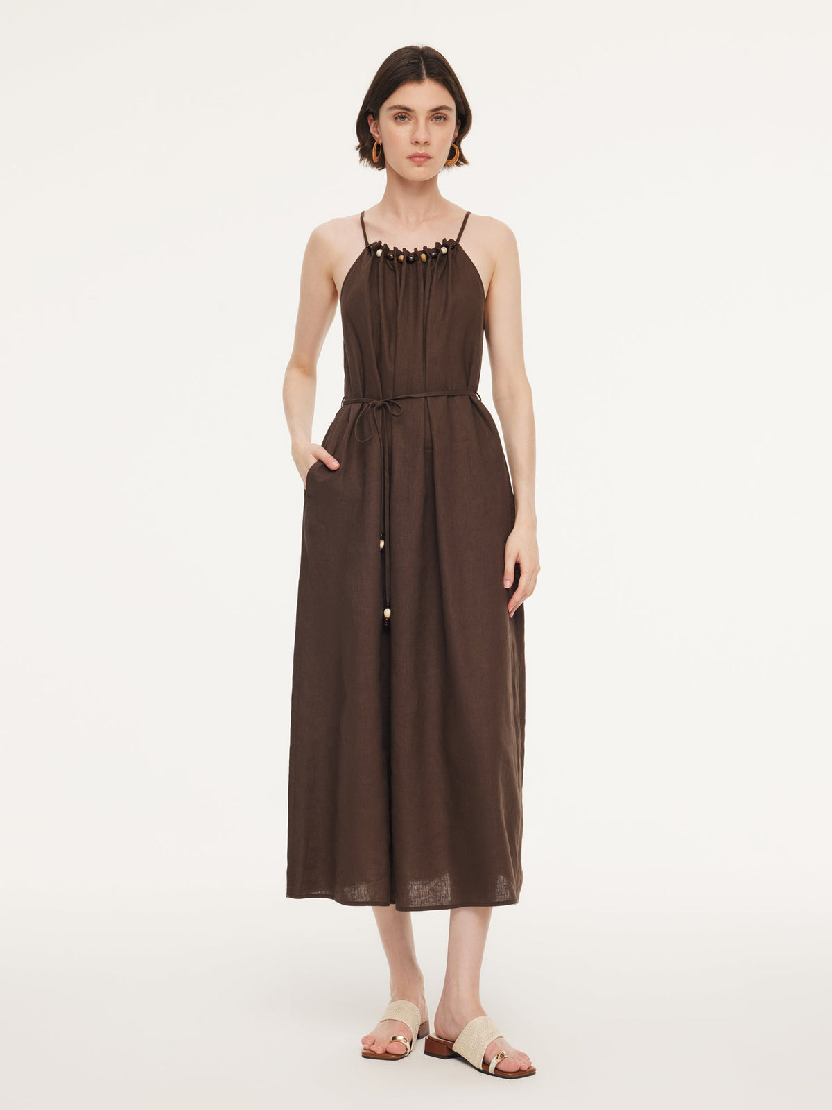 100% Linen Beaded Neck Women Strap Maxi Dress With Tie String Belt