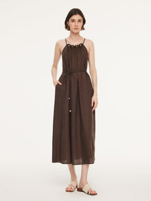 100% Linen Beaded Neck Women Strap Maxi Dress With Tie String Belt