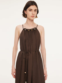 100% Linen Beaded Neck Women Strap Maxi Dress With Tie String Belt