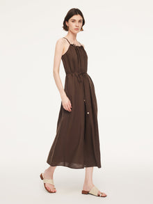 100% Linen Beaded Neck Women Strap Maxi Dress With Tie String Belt