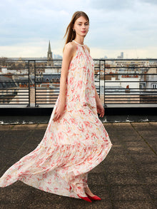 10 Momme Mulberry Silk Iris Print Halter Ruffle Women Maxi Dress