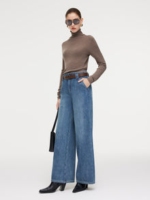 100% Cotton Denim Fleece Lined Women Wide Leg Jeans