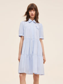 100% Cotton Women Puff Sleeve Mini Dress With Ribbon