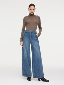 100% Cotton Denim Fleece Lined Women Wide Leg Jeans