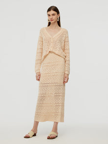 100% Cotton Openwork Cardigan And Skirt Two-Piece Set