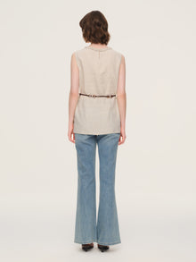 100% Linen Braided Neck Tank Top And Pants Two-Piece Set With Beaded Belt