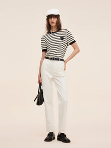 100% Cotton Stripe Women Openwork Knit T-Shirt
