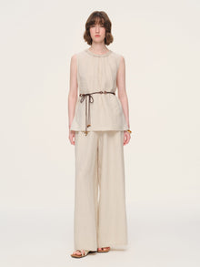 100% Linen Braided Neck Tank Top And Pants Two-Piece Set With Beaded Belt