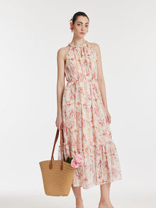 10 Momme Mulberry Silk Iris Print Halter Ruffle Women Maxi Dress