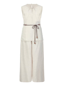 100% Linen Braided Neck Tank Top And Pants Two-Piece Set With Beaded Belt