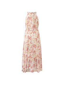 10 Momme Mulberry Silk Iris Print Halter Ruffle Women Maxi Dress