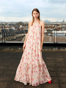 10 Momme Mulberry Silk Iris Print Halter Ruffle Women Maxi Dress