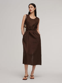 100% Linen Twist Front Women Sleeveless Maxi Dress