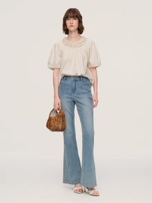 100% Cotton Ruffle Round Neck Top And A-Line Skirt Two-Piece Set