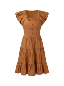 100% Cotton Ruffle Sleeve Gathered Waist Women Mini Dress