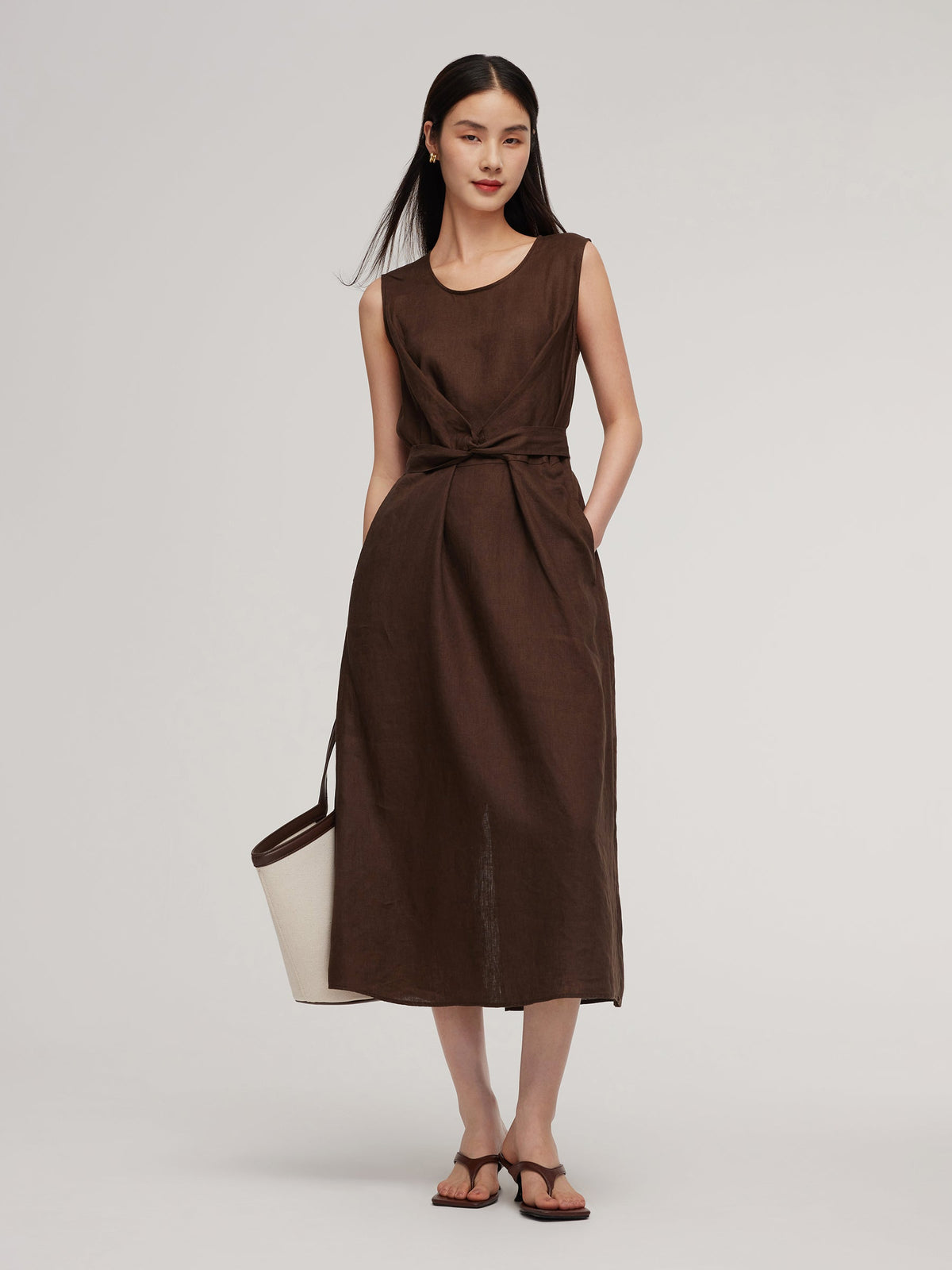 100% Linen Twist Front Women Sleeveless Maxi Dress