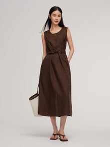 100% Linen Twist Front Women Sleeveless Maxi Dress