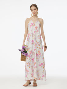 100% Linen Rose Print Women Halterneck Slip Maxi Dress