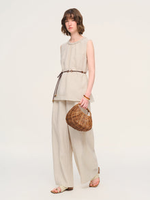 100% Linen Braided Neck Tank Top And Pants Two-Piece Set With Beaded Belt