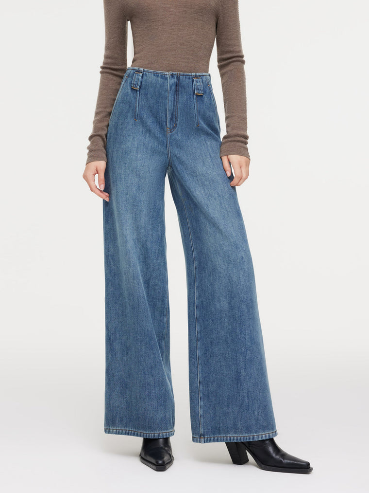 100% Cotton Denim Fleece Lined Women Wide Leg Jeans