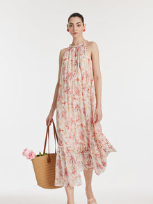 10 Momme Mulberry Silk Iris Print Halter Ruffle Women Maxi Dress