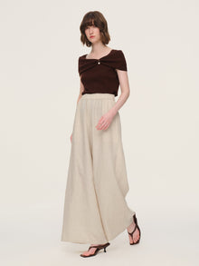 100% Linen Braided Neck Tank Top And Pants Two-Piece Set With Beaded Belt